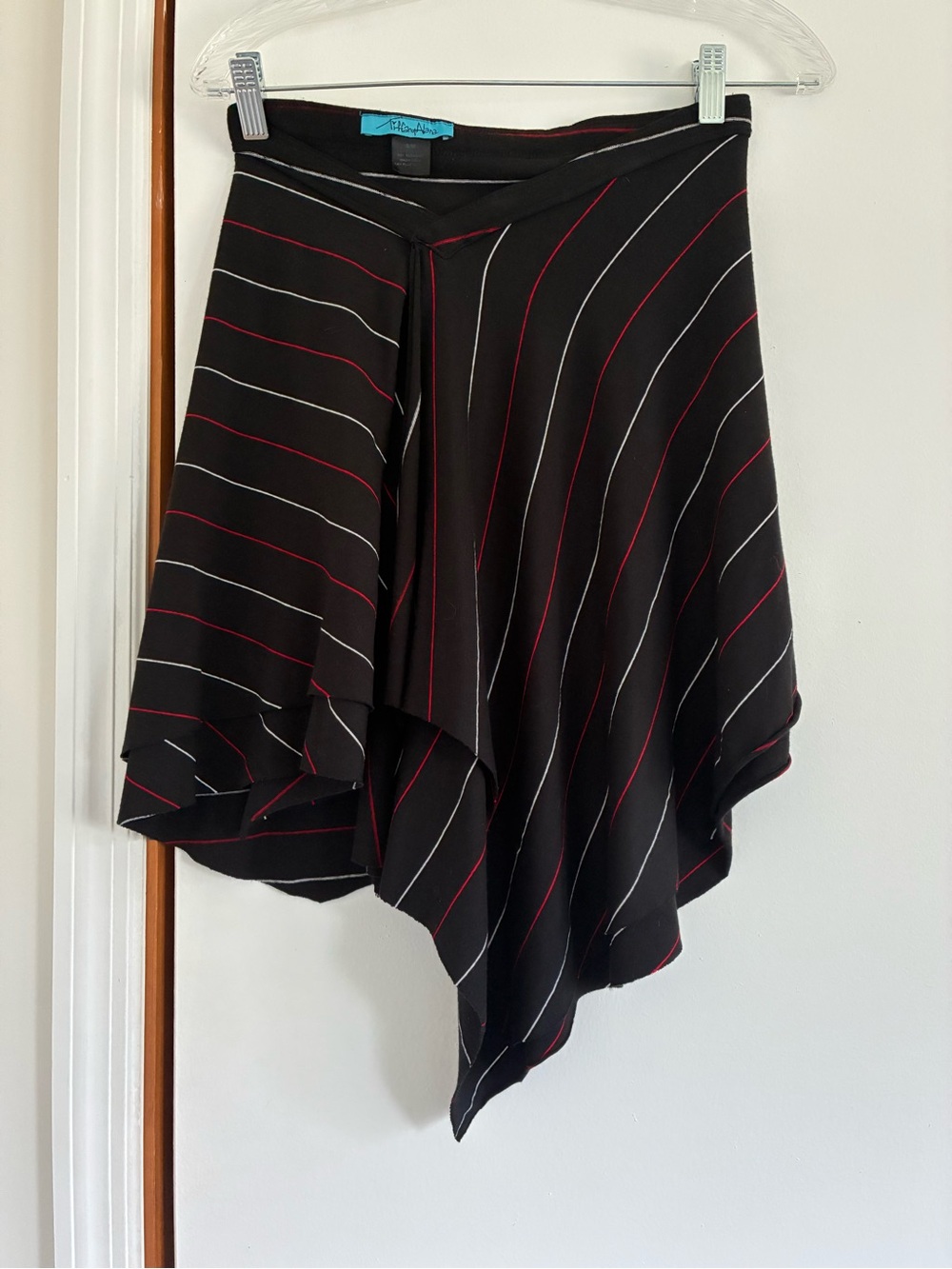 Y2K Tiffany Alana Black Asymmetrical Skirt with Red and White Pinstripes